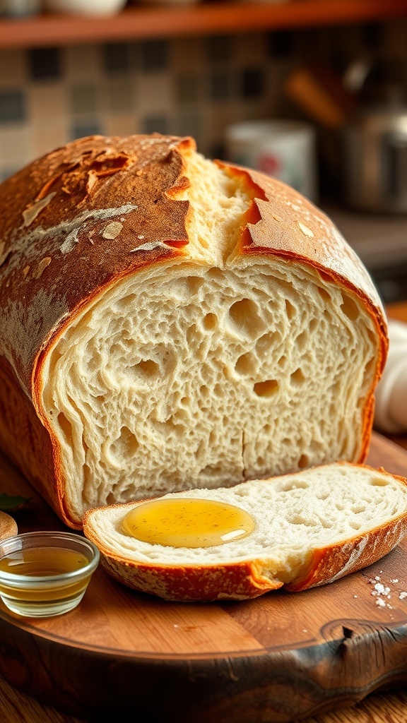 A golden-brown crusty loaf of sourdough bread on a wooden board, with slices revealing the soft interior.